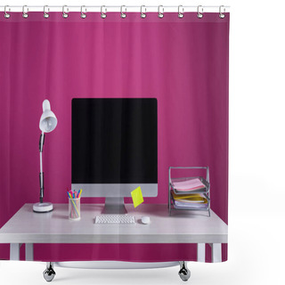 Personality  Desktop Computer With Blank Screen, Office Supplies And Lamp On Table On Pink Shower Curtains