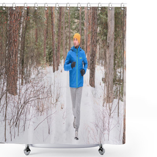 Personality  Handsome Young Man In Hat Running On Snowy Path In Beautiful Forest While Training Alone Shower Curtains