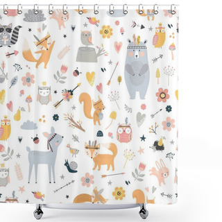 Personality  Seamless Pattern With Cute Tribal Animals In Cartoon Style. Forest Friends Illustration, Bear, Deer, Fox, Rabbit, Bird, Hedgehog, Squirrel, Owl. Creative Scandinavian Kids Texture For Fabric, Wrapping, Textile Shower Curtains