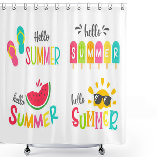 Personality  Hello Summer Label Decorated With Ice Cream Slippers And Watermelon Isolated On White Background. Shower Curtains