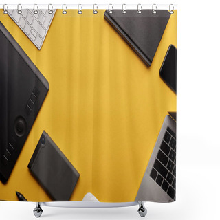 Personality  Top View Of Various Wireless Gadgets On Yellow Surface Shower Curtains