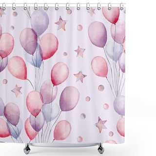 Personality  Watercolor Air Ballons And Stars Big Seamless Pattern. Hand Painted Illustration With Colorful Air Balloons And Stars Isolated On Pastel Blue Background. For Design, Print, Fabric Or Background. Shower Curtains