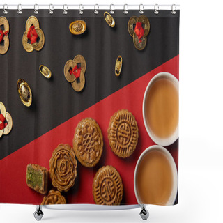 Personality  Top View Of Mooncakes, Feng Shui Coins And Cups With Tea On Red And Black Background Shower Curtains