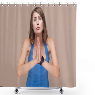 Personality  Well Dressed Businesswoman Holding Hands In Apologize Gesture Shower Curtains