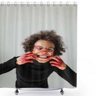 Personality  Wounded And Angry African American Man With Bleeding Face And Broken Nose Grimacing At Camera Isolated On Grey Shower Curtains