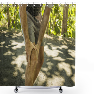 Personality  Close Up Hands And Legs Of Sport Man Injured Touching His Knee In Pain Suffering Physical Problem Or Some Injury During Running Workout Outdoors In Sport Accident And Health Care Concept Shower Curtains