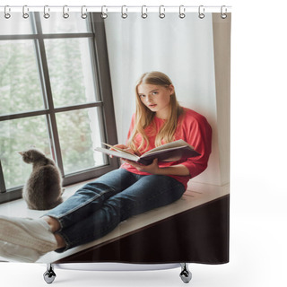 Personality  Beautiful Girl Holding Book And Sitting On Window Sill Near Cute Cat  Shower Curtains