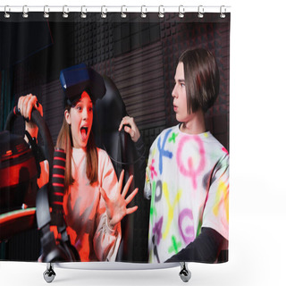 Personality  Amazed Girl On Car Simulator Gesturing Near Surprised Friend Shower Curtains