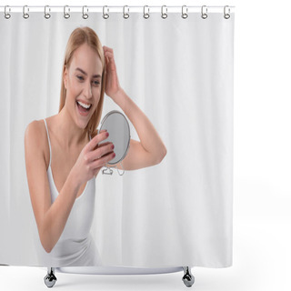 Personality  Attractive Young Woman Looking At Her Reflection Shower Curtains