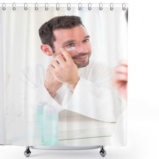 Personality  Young Attractive Man Applying Anti Dark Circles Cream Around Eye Shower Curtains