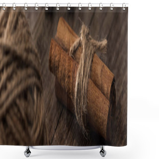 Personality  Selective Focus Of Ball Of Thread And Cinnamon Sticks On Wooden Surface, Panoramic Shot Shower Curtains
