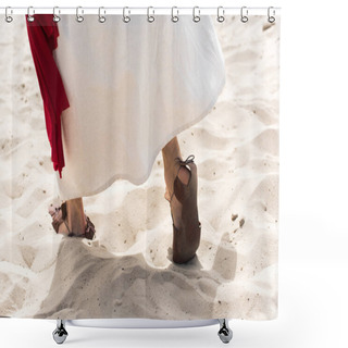 Personality  Cropped Image Of Jesus In Robe, Sandals And Red Sash Walking On Sand In Desert Shower Curtains