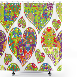 Personality  Seamless Pattern With Collection Colorful Blue Red Green Hearts In Vintage Patchwork Style On White Background. Shower Curtains