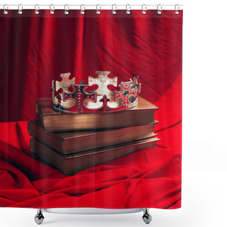 Personality  Ancient Silver Crown With Gemstones On Books On Red Cloth Shower Curtains