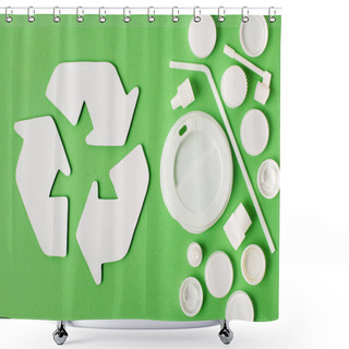 Personality  Top View Of Recycle Sign And Different Kinds Of Disposable Plastic Garbage On Green Background Shower Curtains