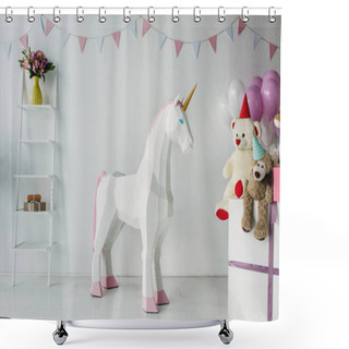 Personality  Decorative Unicorn, Teddy Bears In Cones And Air Balloons In Decorated For Birthday Room Shower Curtains