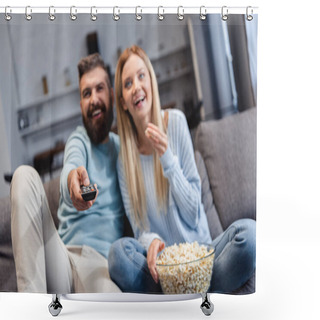 Personality  Happy Couple Sitting On Sofa With Popcorn And Watching Movie Shower Curtains