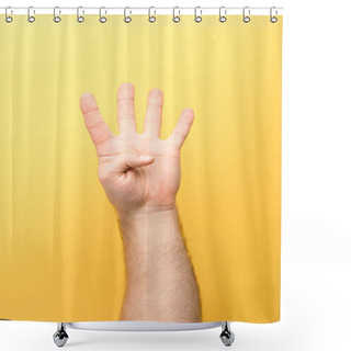 Personality  Cropped View Of Man Showing Four Fingers On Yellow Background  Shower Curtains