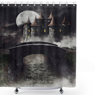 Personality  Night Scene With A Fantasy Castle Behind A Bridge Over A Dark River. 3D Render. Shower Curtains