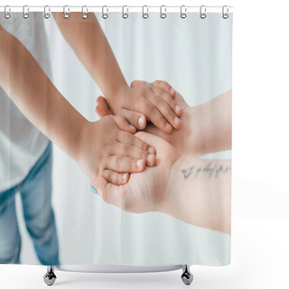 Personality  Cropped View Of Foster Mother Holding Hands With Adopted African American Kid Isolated On White  Shower Curtains