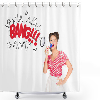 Personality  Portrait Of Fashionable Young Woman In Pin Up Style Clothing With Comic Style Boom Explode Out Of Loudspeaker Isolated On White Shower Curtains