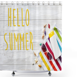 Personality  Hello Summer Text And Colorful Seashells Shower Curtains