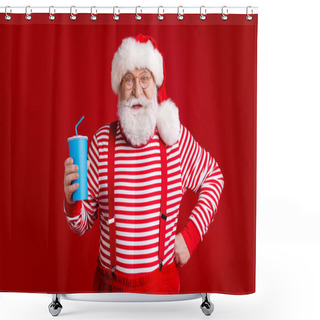 Personality  Photo Of Retired Old Man Grey Beard Self-assured Hold Cup Soda Hand Hip Prepare Quench Thirst Wear Santa Costume Suspenders Spectacles Striped Shirt Headwear Isolated Red Color Background Shower Curtains