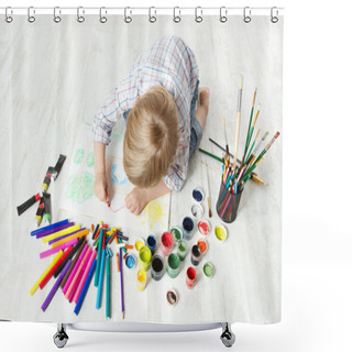 Personality  Child Drawing Picture With Crayon In Album Using A Lot Of Paint Shower Curtains