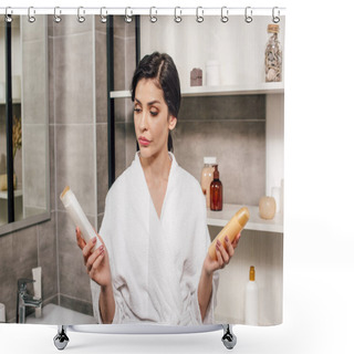 Personality  Woman Holding Bottles With Shower Gel In Bathroom Shower Curtains