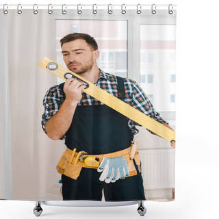 Personality  Handsome Handyman Looking At Measuring Level While Standing In Room Shower Curtains