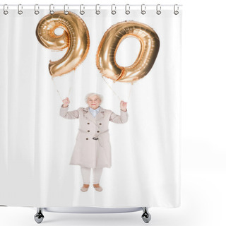 Personality  Happy Senior Woman Holding 90 Golden Balloons Isolated On White Shower Curtains