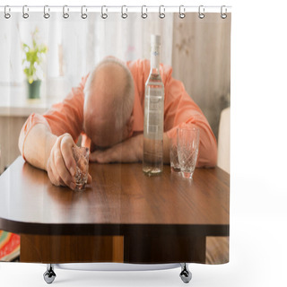 Personality  Drunk Old Man Leaning On The Table Holding A Glass Shower Curtains