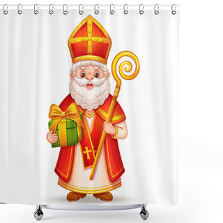 Personality  Cute Saint Nicholas Or Sinterklaas Character With Children Gift Box, Happy St Nicholas Winter Holiday Day. Christian Bishop In Religion Festive Costume Hold Surprise Present. Funny Christmas Santa Magic Old Man. Kid Greeting Card. Cartoon Vector Shower Curtains