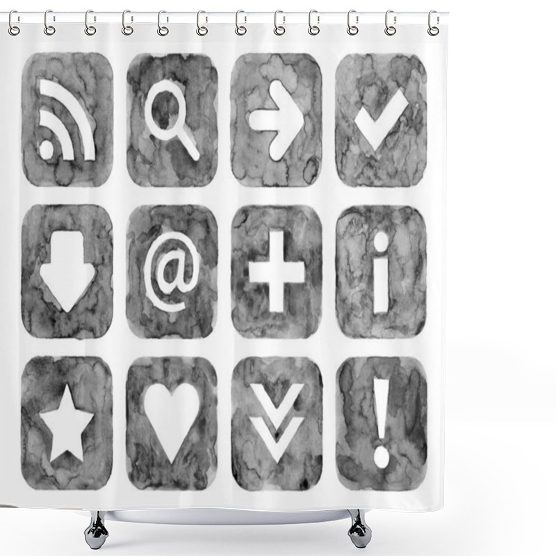 Personality  Grayscale Color Watercolor Web Buttons Set With Basic Internet Sign On White Background. Aquarelle Created In Hand Made Technique. Shower Curtains
