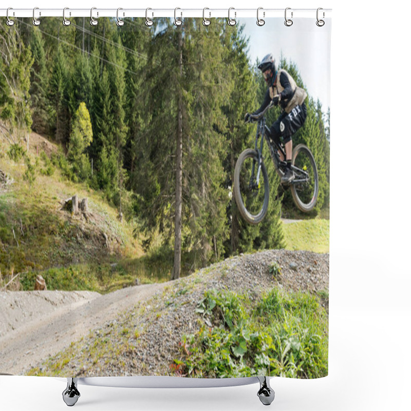 Personality  Downhill Mountain Biker Jumping High And Riding Hard In Lenzerheide Shower Curtains