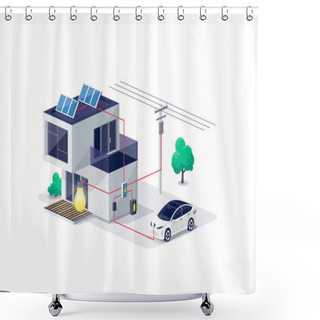 Personality  Isolated House Electricity Scheme With Energy Storage On Modern Home. Photovoltaic Solar Panels And Rechargeable Li-ion Battery Backup. Electric Car Charging On Renewable Smart Power Off-grid System. Shower Curtains