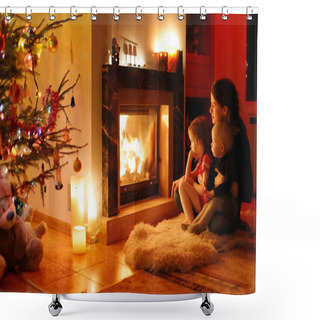 Personality  Young Mother And Her Daughters By A Fireplace Shower Curtains