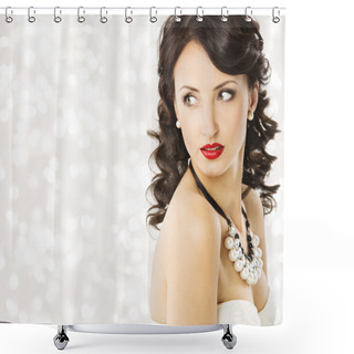 Personality  Woman Fashion Beauty Portrait, Luxury Lady Pearl Jewelry. Model Girl Hairstyle With Black Curly Hair, Beautiful Makeup. Shining Background Shower Curtains