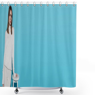 Personality  Trendy Model In White Outfit And Eyeglasses Leaning On High Chair On Blue Background, Banner Shower Curtains