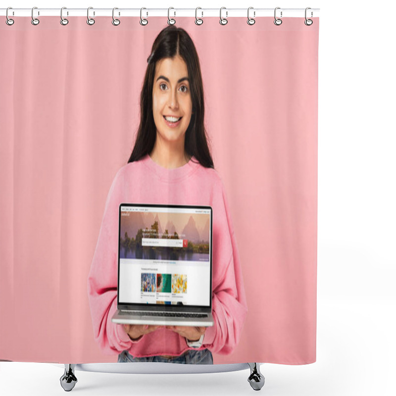 Personality  KYIV, UKRAINE - JULY 30, 2019: Smiling Girl Holding Laptop With Shutterstock Website On Screen, Isolated On Pink Shower Curtains