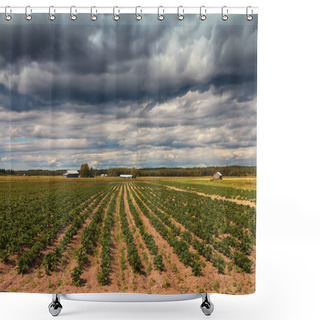 Personality  The Dark Clouds Gather Over The Barn Houses By The Potato Fields On A Summer Day At The Rural Finland. Shower Curtains