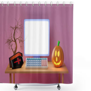 Personality  3d Laptop Computer On Table With Blank Screen, Coffin, Candle Light In Pumpkin, Tree Isolated On Pink Background. Happy Halloween Concept, 3d Render Illustration Shower Curtains