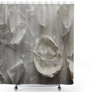 Personality  Top View Of Crumpled Disposable Plates, Plastic Cups, Forks And Spoons On White Background  Shower Curtains