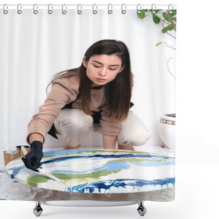Personality  A Young Woman Creates A Painting Using Liquid Art Technique Shower Curtains