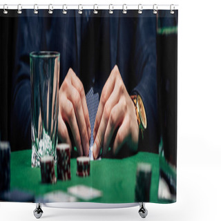 Personality  KYIV, UKRAINE - AUGUST 20, 2019: Panoramic Shot Of Man Holding Playing Cards Near Glass And Poker Cards  Shower Curtains