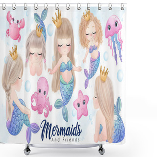 Personality  Cute Doodle Mermaid And Friends With Watercolor Illustration Set Shower Curtains