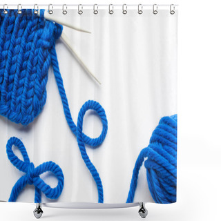 Personality  Blue Wool Yarn And Knitting Needles On White Background Shower Curtains