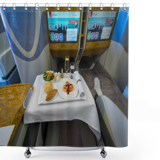 Personality  BERLIN - APRIL 26, 2018: Passenger's Menu Of Business Class Of The World's Largest Aircraft Airbus A380. Emirates Airline. Exhibition ILA Berlin Air Show 2018 Shower Curtains