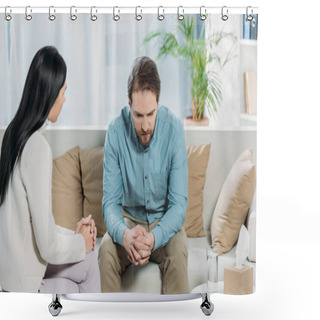 Personality  Young Psychotherapist Talking With Upset Bearded Man Sitting On Couch Shower Curtains