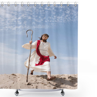 Personality  Jesus In Robe, Red Sash And Crown Of Thorns Walking In Desert With Staff Shower Curtains